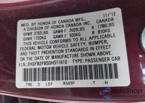 2013 Honda Civic Ex from USA, damaged, VIN 2HGFB2F85DH511610